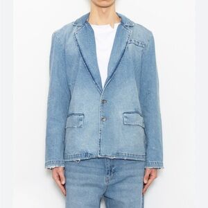 NWT 🌟 FLANEUR 🌟 COTTON DISTRESSED DENIM BLAZER LIGHT WASH SZ L